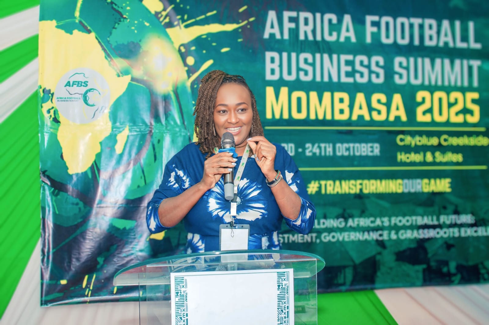 Catherine Gatwiri at the podium, Africa Football Business Summit Mombasa 2025