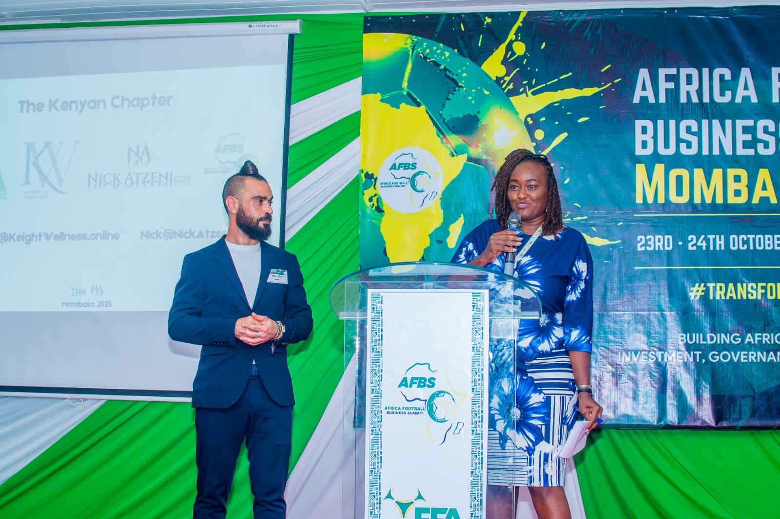 Catherine Gatwiri presenting at Africa Football Business Summit Mombasa 2025