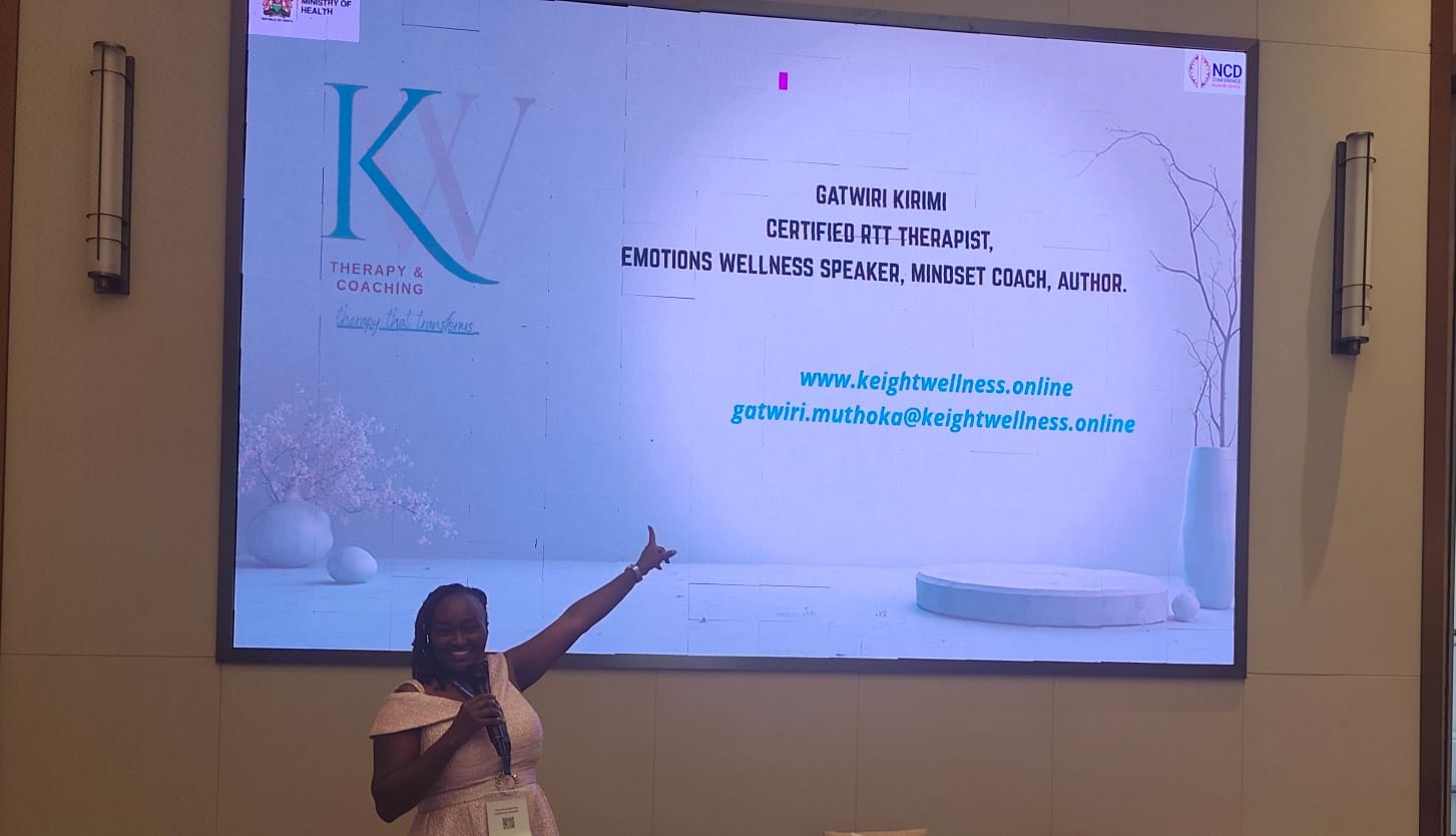 KeightWellness branding slide — certified RTT therapist and mindset coach